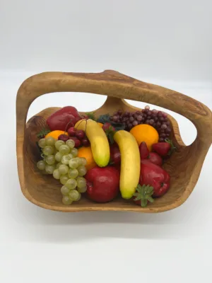 Handcrafted Rustic Olive Wood Fruit Basket with Handle