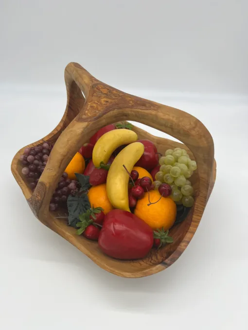 Handcrafted Rustic Olive Wood Fruit Basket with Handle - Image 2