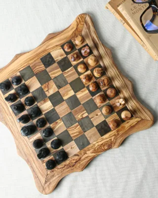 Handmade Olive Wood Chess Board with Unique Natural Grain